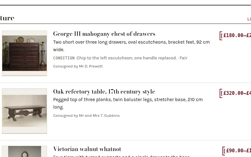 The printed catalog page in the browser: lots in a section, each with a number plate, a photograph, condition and the estimate in brackets