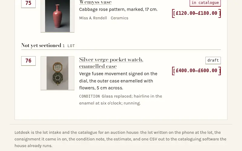 A sale's list of lots in the browser, each with its photograph, number, estimate and state